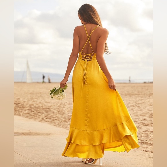 Lulus In Love Forever Mustard Yellow Satin Lace-Up High-Low Maxi Dress XL - Picture 3 of 3